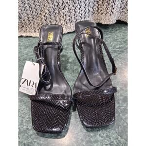 ZARA Faux ALLIGATOR SNAKE SQUARE TOE BLACK STRAPPY KITTEN HEEL SANDALS PUMPS Y2K